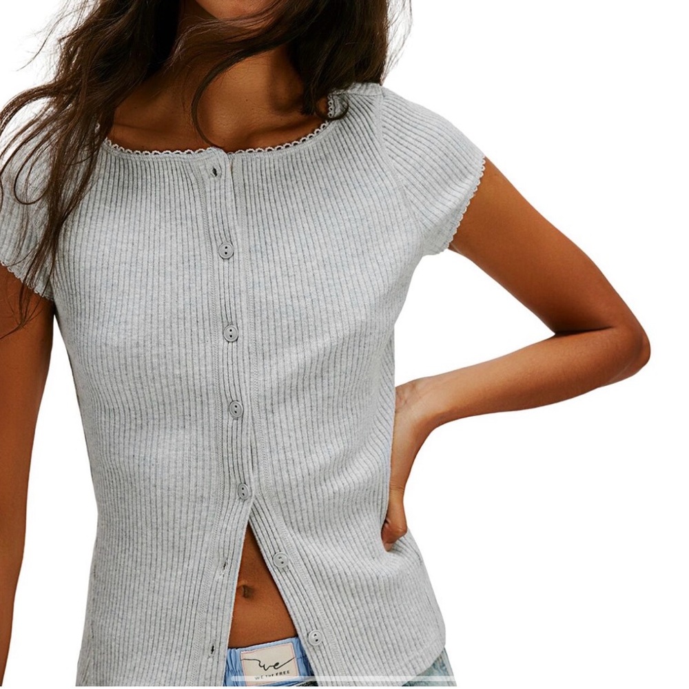 Free people most wanted cardi Ribbed Button-Front Short Sleeve Top in Light Gray